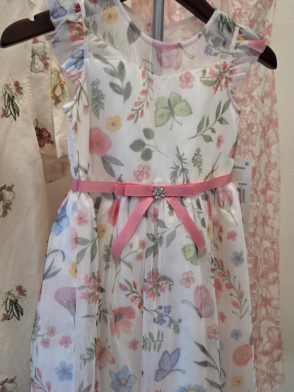 Rare Editions Ivory Floral Party Dress with Pink Bow